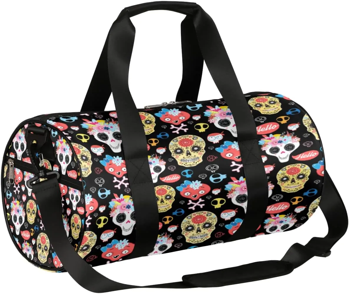 Funny Skull Flower Gym Bag Small Gym Duffel Bags for Men Women Novelty Overnight Weekender Bag Lightweight Sport Duffle Bag Carry On Gymbag