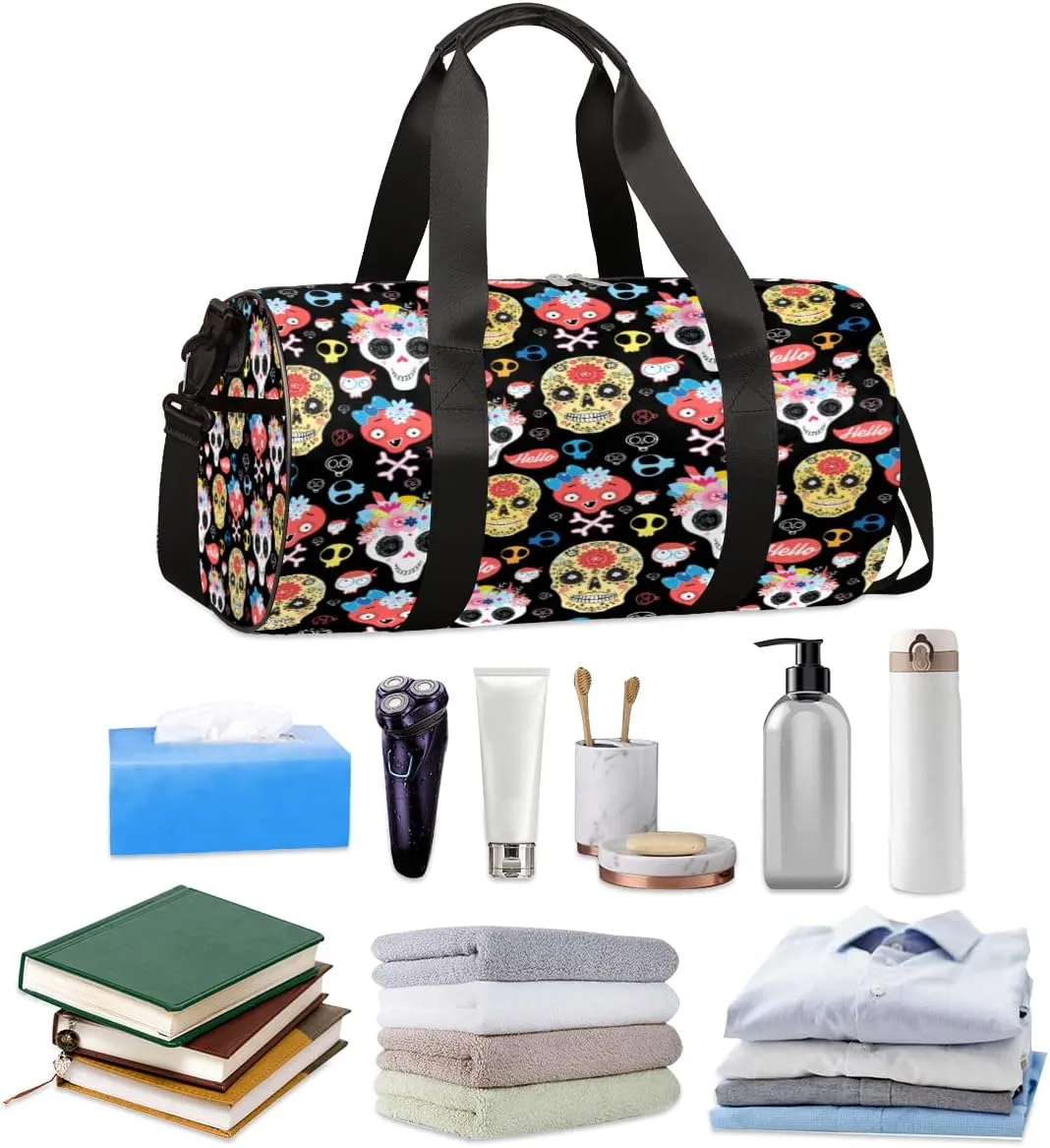 Funny Skull Flower Gym Bag Small Gym Duffel Bags for Men Women Novelty Overnight Weekender Bag Lightweight Sport Duffle Bag Carry On Gymbag