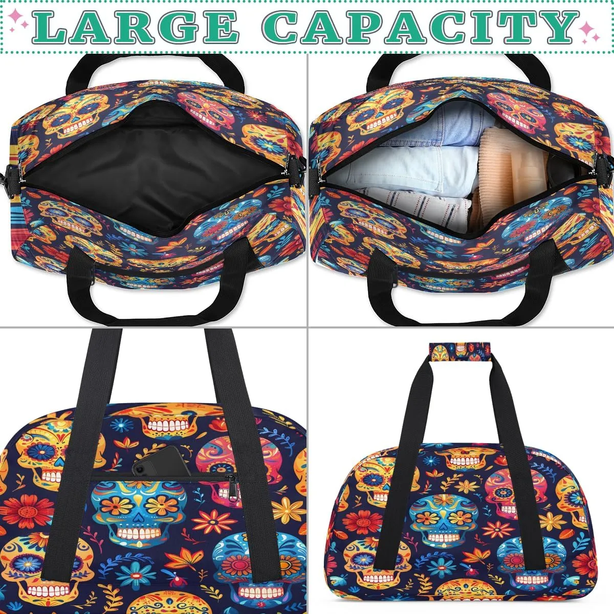 Funny Skull Kids Overnighter Duffel Bags for Boys, Carry-On Size Sports Gym Bag with Front Zipper Pocket for School Practice or Overnight Travel Weekender Sleepover Tote Bag