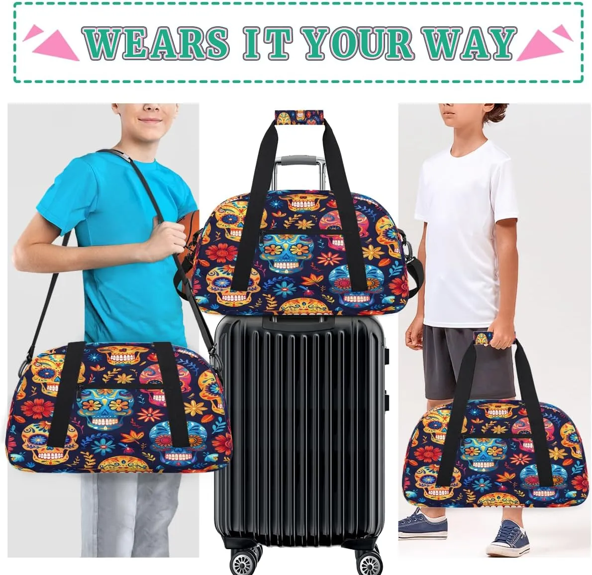 Funny Skull Kids Overnighter Duffel Bags for Boys, Carry-On Size Sports Gym Bag with Front Zipper Pocket for School Practice or Overnight Travel Weekender Sleepover Tote Bag