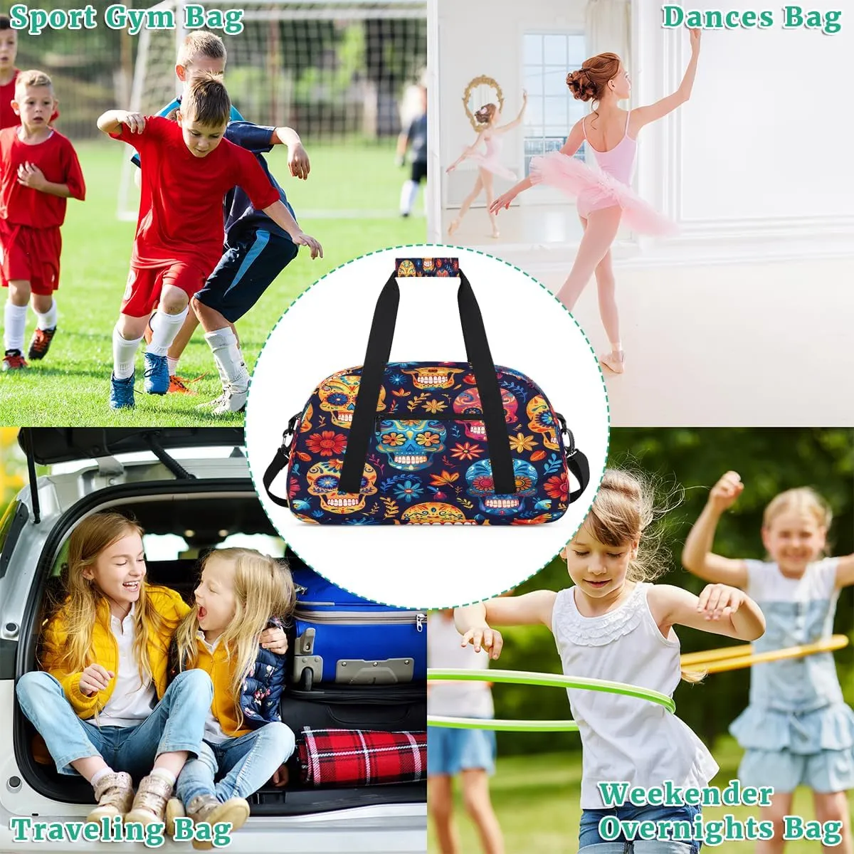 Funny Skull Kids Overnighter Duffel Bags for Boys, Carry-On Size Sports Gym Bag with Front Zipper Pocket for School Practice or Overnight Travel Weekender Sleepover Tote Bag