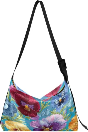 GAIGEO Watercolor Pansies and Flowers Leather Crossbody Bag, Crossbody Bag Leather Wide Strap, Leather Sling Bag Men