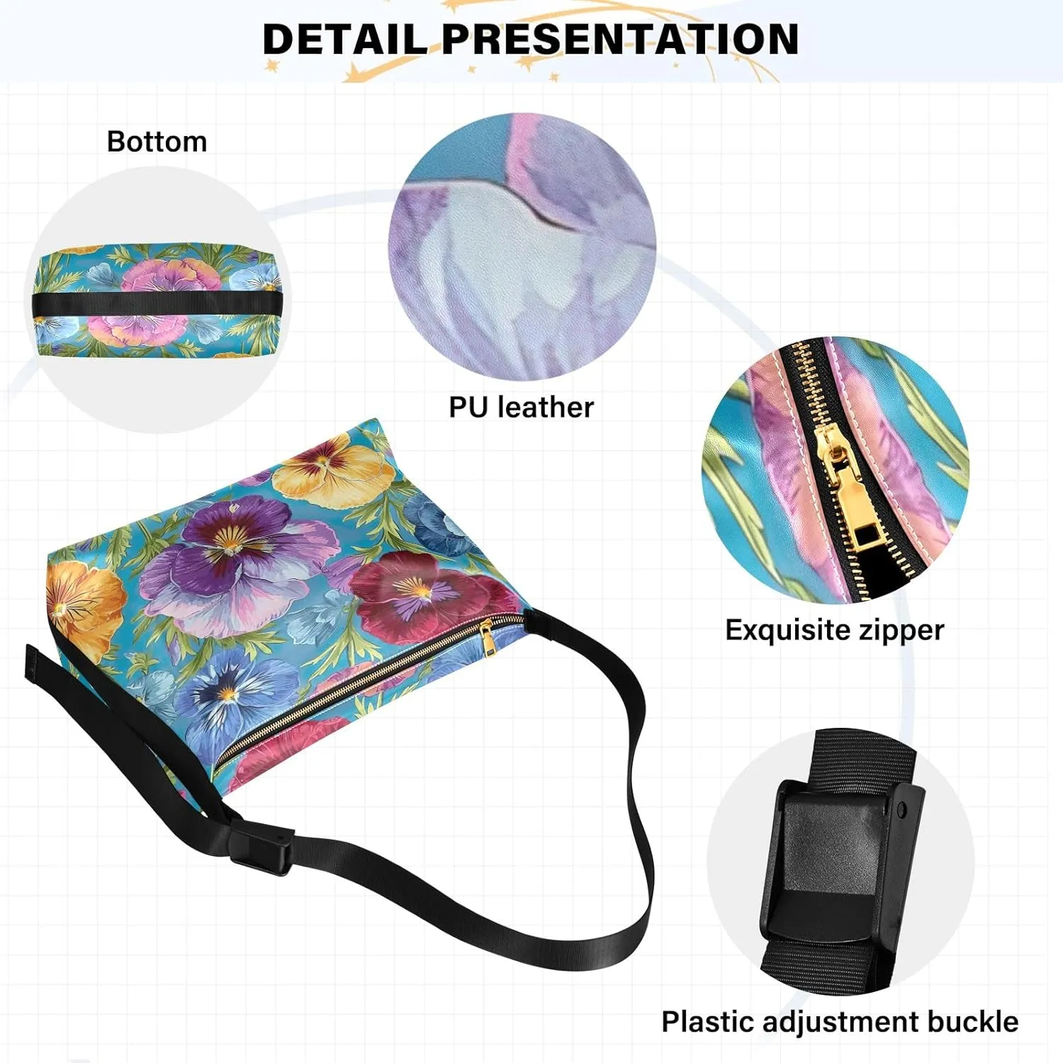 GAIGEO Watercolor Pansies and Flowers Leather Crossbody Bag, Crossbody Bag Leather Wide Strap, Leather Sling Bag Men