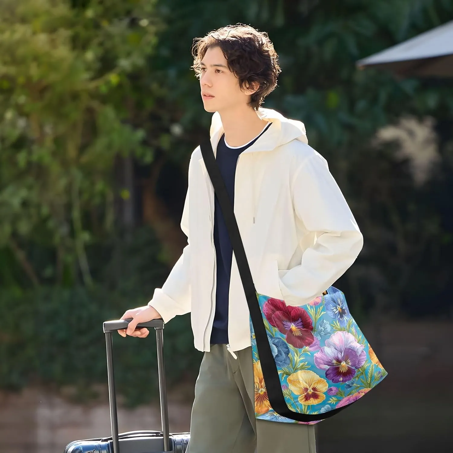 GAIGEO Watercolor Pansies and Flowers Leather Crossbody Bag, Crossbody Bag Leather Wide Strap, Leather Sling Bag Men