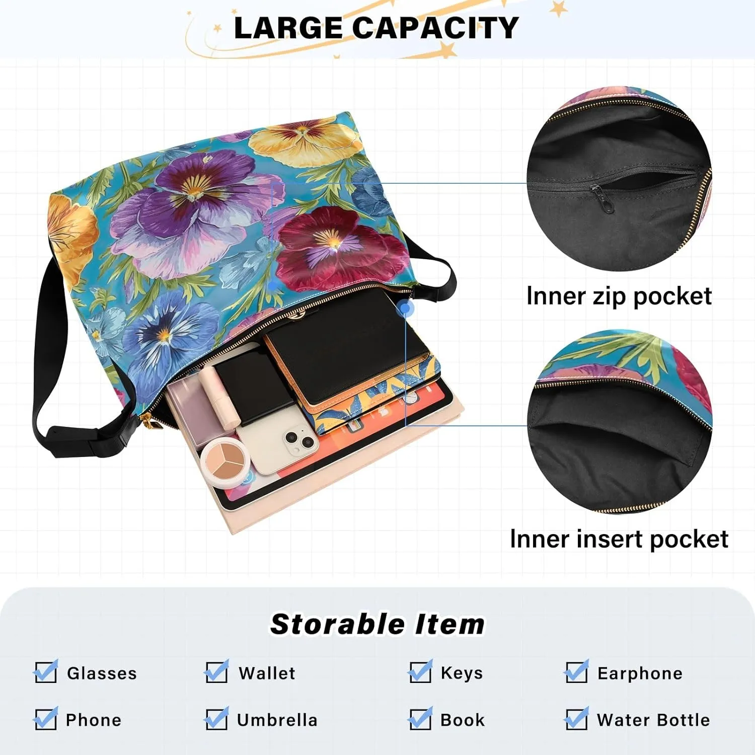 GAIGEO Watercolor Pansies and Flowers Leather Crossbody Bag, Crossbody Bag Leather Wide Strap, Leather Sling Bag Men