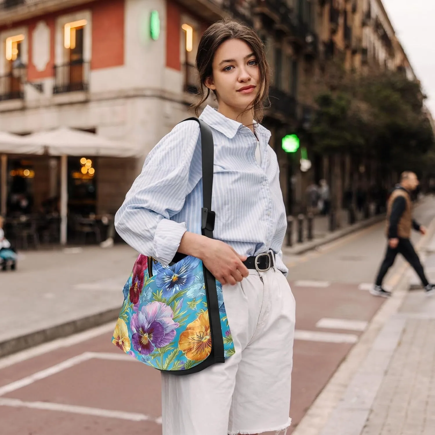 GAIGEO Watercolor Pansies and Flowers Leather Crossbody Bag, Crossbody Bag Leather Wide Strap, Leather Sling Bag Men
