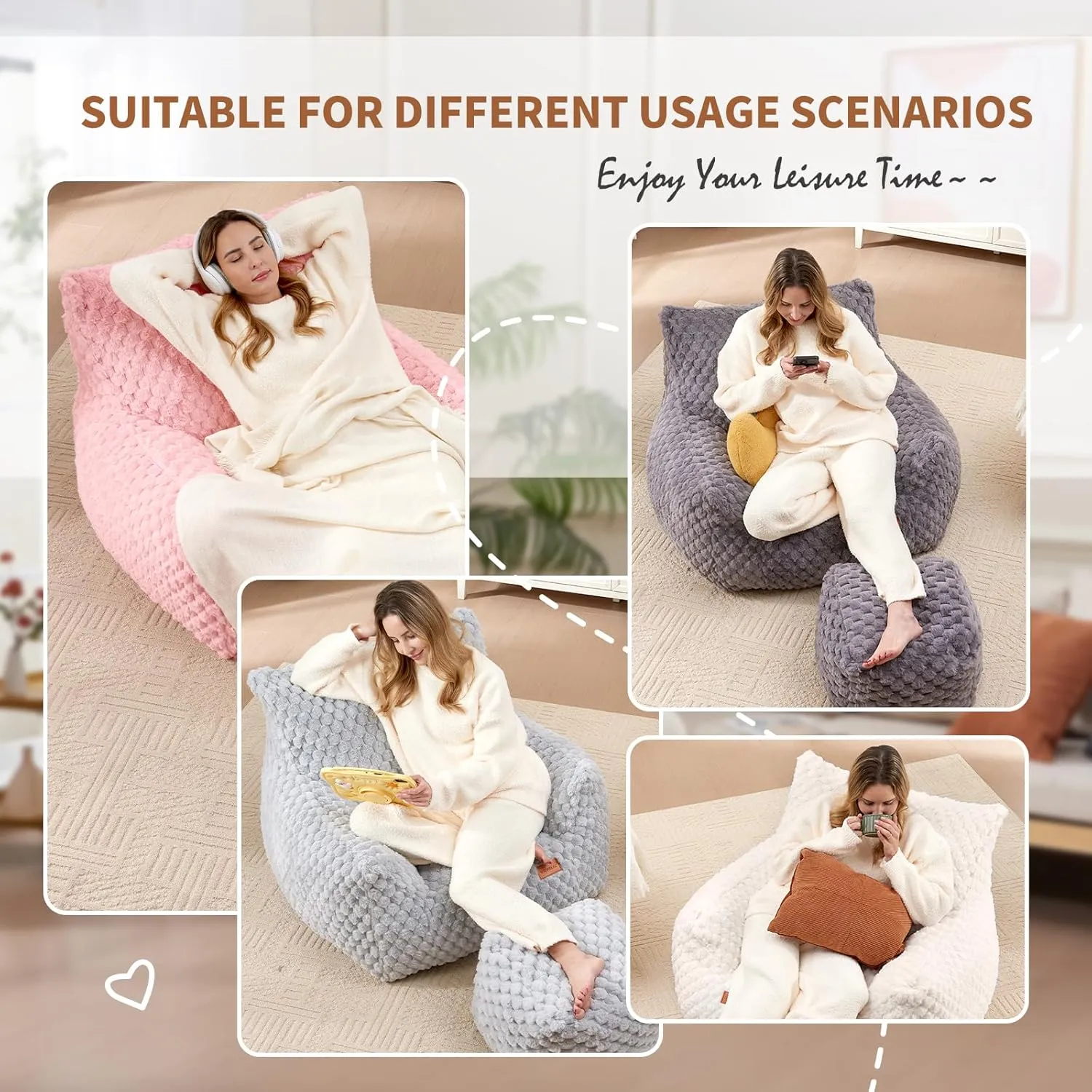 Gaming Chair Comfy Bean Bag Couch Sofa Chair for Bedroom, Modern Faux Fur Reading Bean Bag Chairs for Adults Teens, Living Room Adult Bean Bag Chair with Footrest