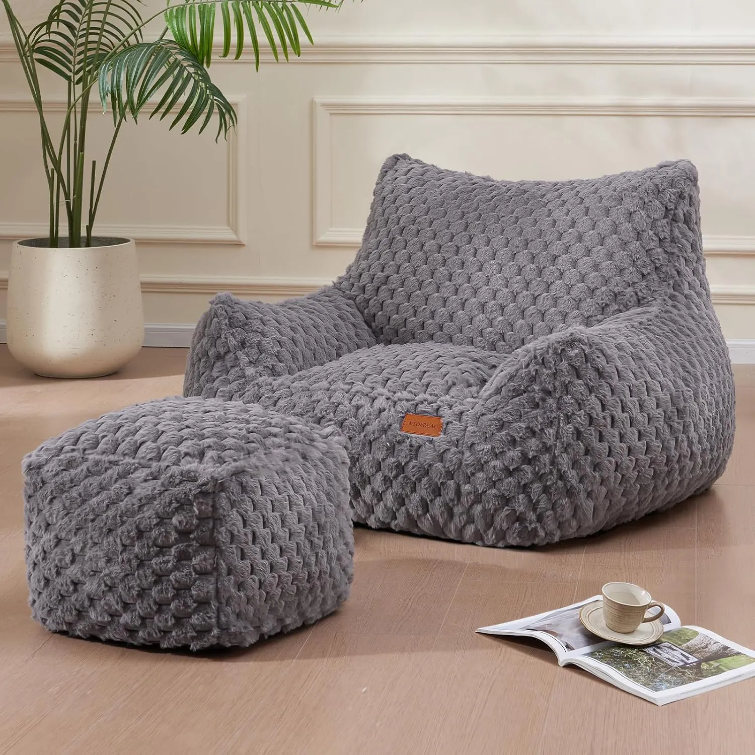 Gaming Chair Comfy Bean Bag Couch Sofa Chair for Bedroom, Modern Faux Fur Reading Bean Bag Chairs for Adults Teens, Living Room Adult Bean Bag Chair with Footrest