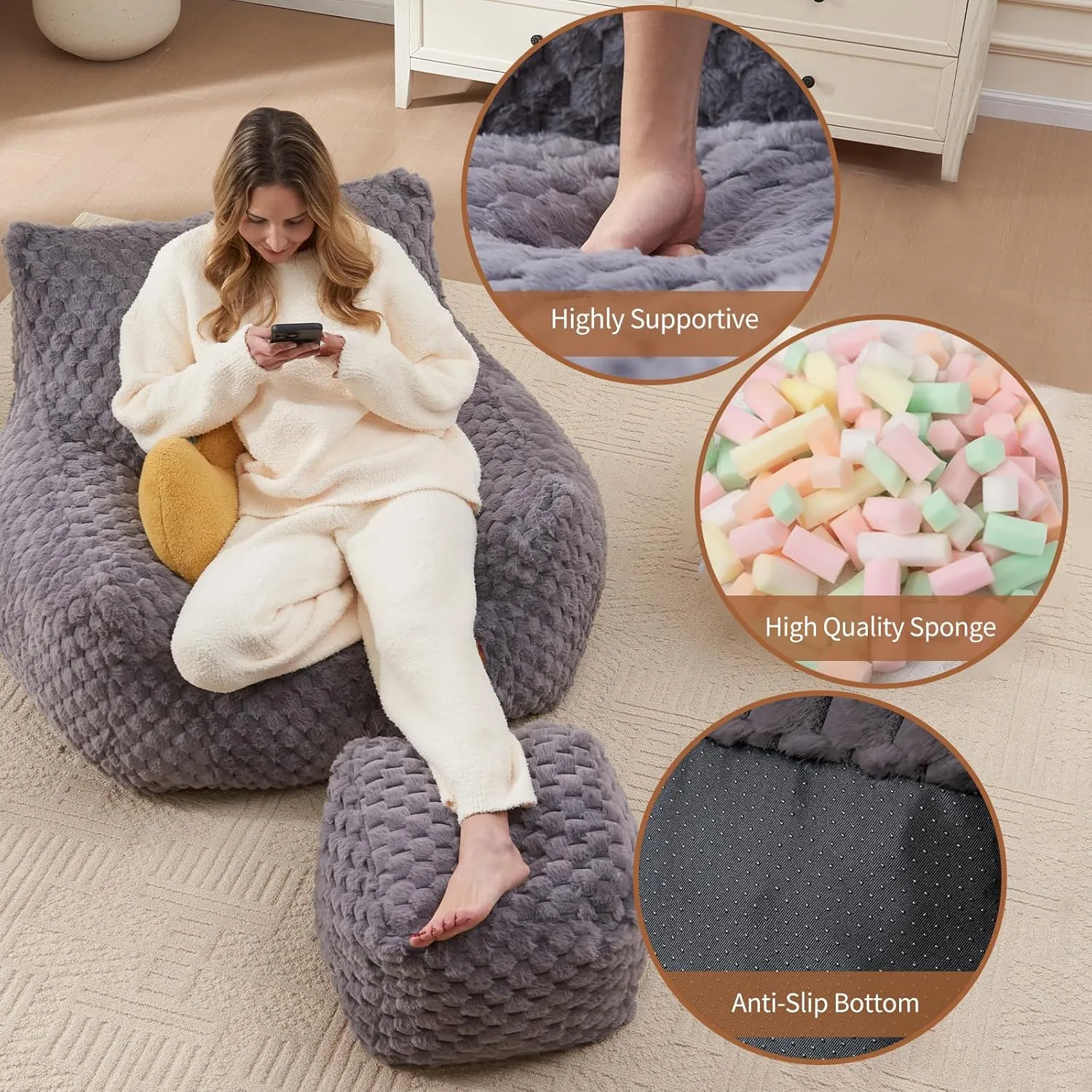 Gaming Chair Comfy Bean Bag Couch Sofa Chair for Bedroom, Modern Faux Fur Reading Bean Bag Chairs for Adults Teens, Living Room Adult Bean Bag Chair with Footrest