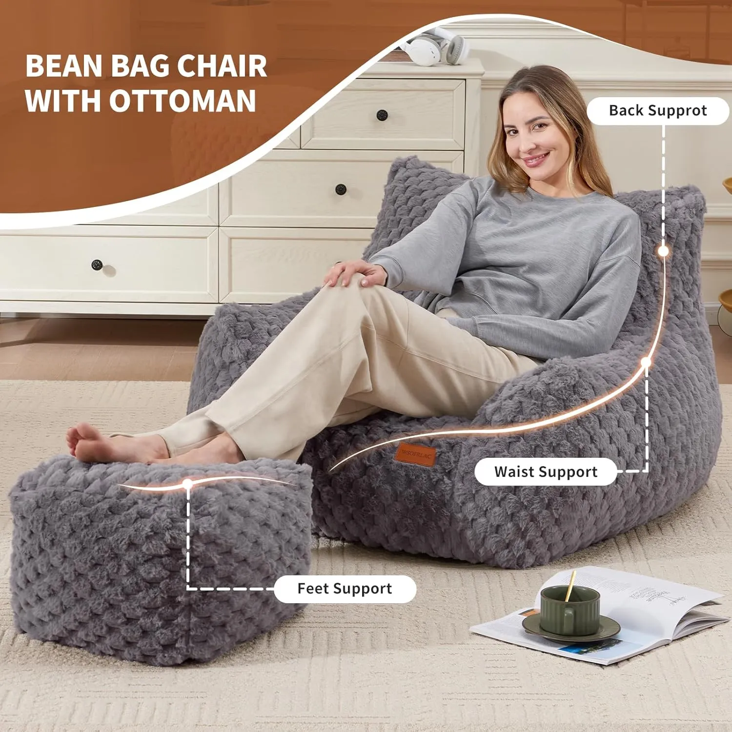 Gaming Chair Comfy Bean Bag Couch Sofa Chair for Bedroom, Modern Faux Fur Reading Bean Bag Chairs for Adults Teens, Living Room Adult Bean Bag Chair with Footrest
