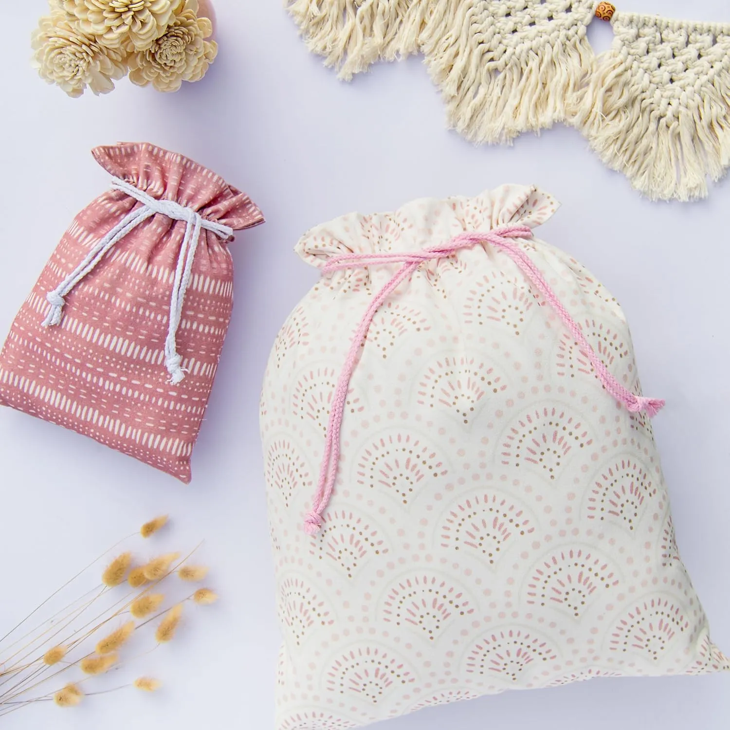Gather & Knot Drawstring Gift Bags | 20" Large 12" Small | Premium Canvas | Reusable Fabric Wrap for Anniversary, Mothers Day, Bridesmaids, Birthdays, Baby Shower | Boho Pink