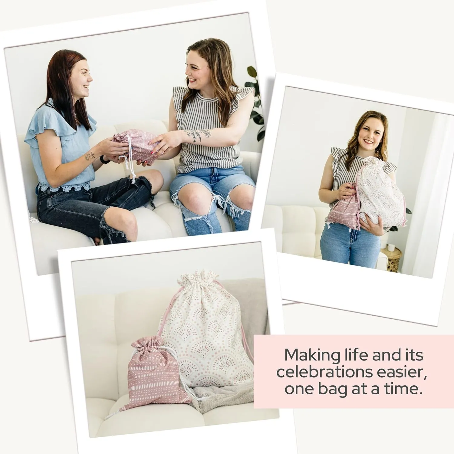 Gather & Knot Drawstring Gift Bags | 20" Large 12" Small | Premium Canvas | Reusable Fabric Wrap for Anniversary, Mothers Day, Bridesmaids, Birthdays, Baby Shower | Boho Pink