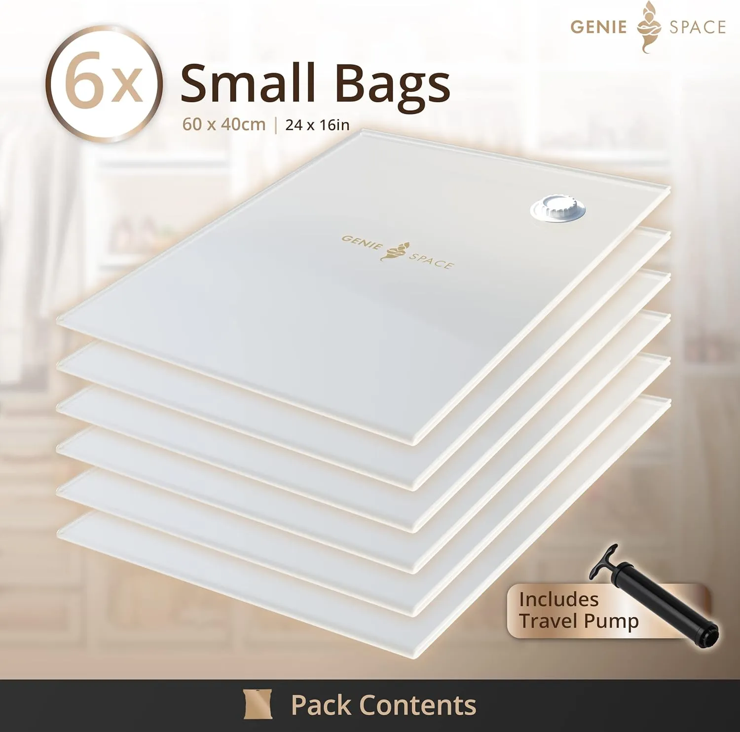 GENIE SPACE - Incredibly Strong Premium Space Saving Vacuum Bags Storage | 6 x SMALL (24x16in) | Airtight & Reusable | Create 80% more space | For Clothes, Towels, Bedding, Duvets and more..