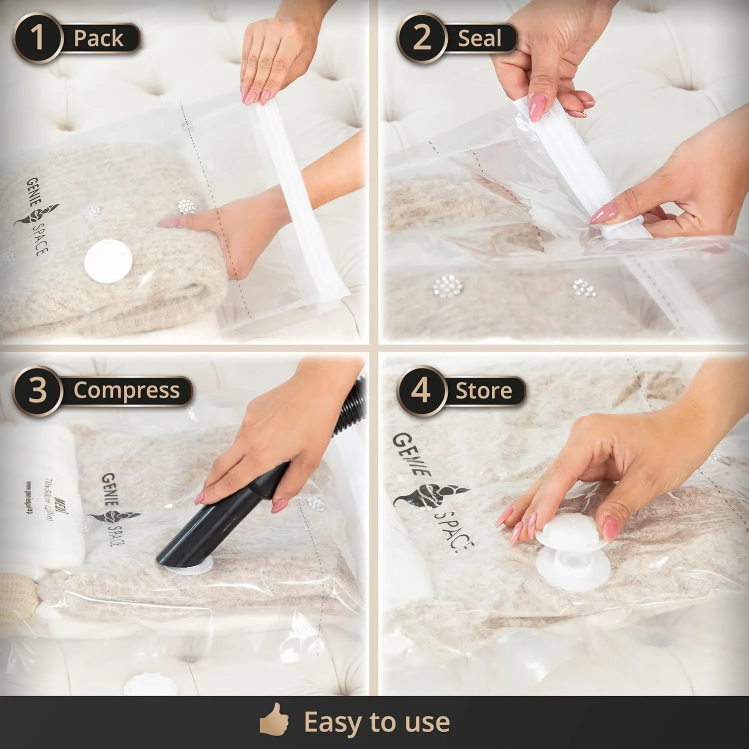 GENIE SPACE - Incredibly Strong Premium Space Saving Vacuum Bags Storage | 6 x SMALL (24x16in) | Airtight & Reusable | Create 80% more space | For Clothes, Towels, Bedding, Duvets and more..