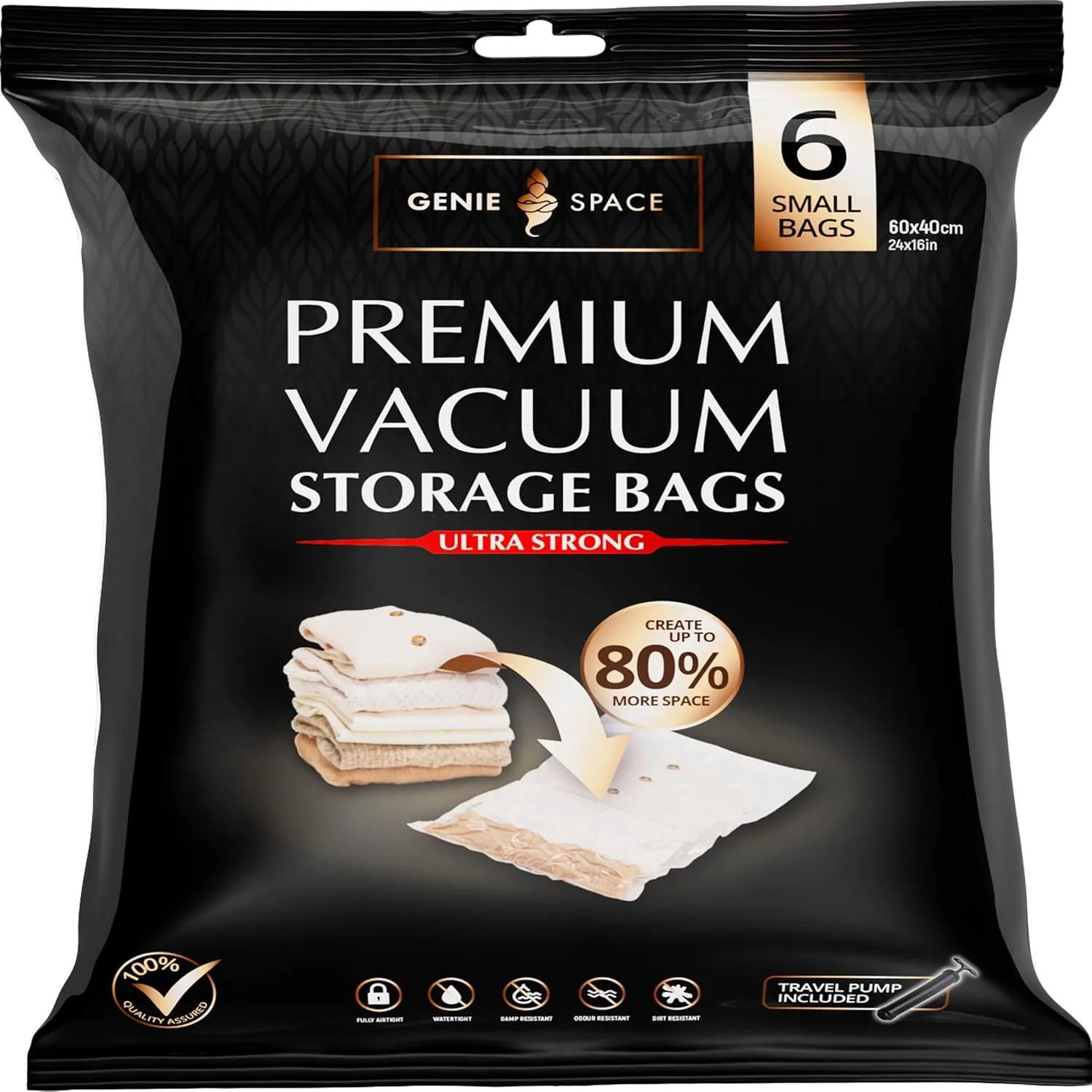 GENIE SPACE - Incredibly Strong Premium Space Saving Vacuum Bags Storage | 6 x SMALL (24x16in) | Airtight & Reusable | Create 80% more space | For Clothes, Towels, Bedding, Duvets and more..