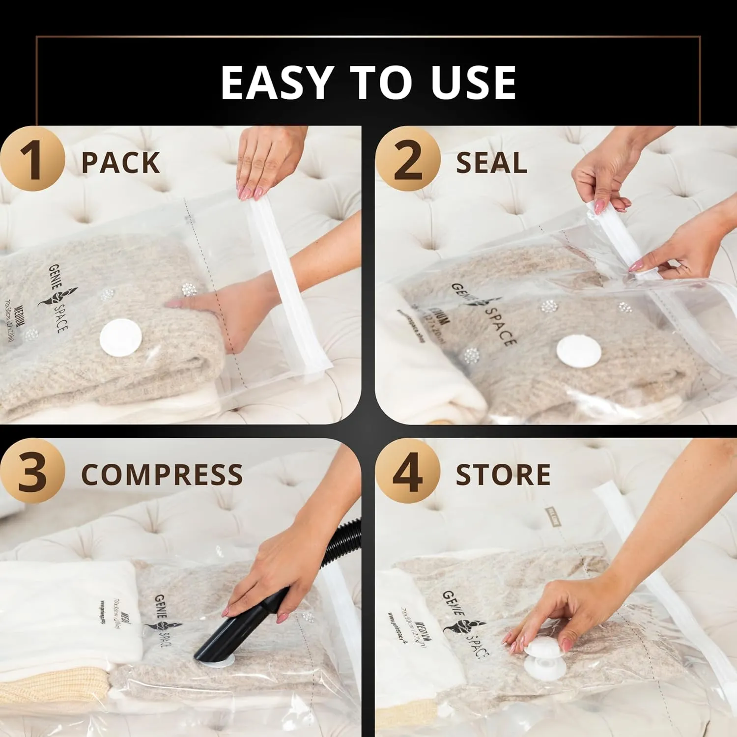 GENIE SPACE Large Vacuum Storage Bags - Pack of 6, 30x24in | Strong Space Saving Bags | Premium Airtight & Reusable Vacuum Bag for Clothes, Bedding, Towels, Cushions & More | inc Travel Pump