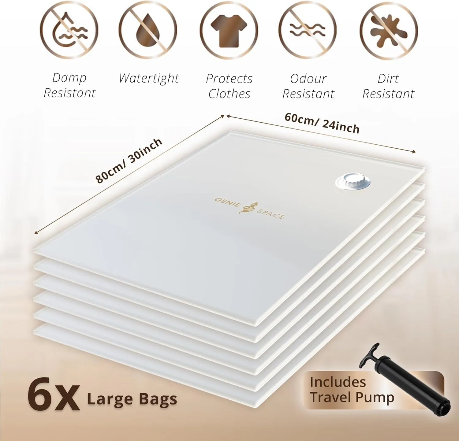 GENIE SPACE Large Vacuum Storage Bags - Pack of 6, 30x24in | Strong Space Saving Bags | Premium Airtight & Reusable Vacuum Bag for Clothes, Bedding, Towels, Cushions & More | inc Travel Pump