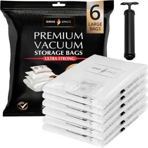 GENIE SPACE Large Vacuum Storage Bags - Pack of 6, 30x24in | Strong Space Saving Bags | Premium Airtight & Reusable Vacuum Bag for Clothes, Bedding, Towels, Cushions & More | inc Travel Pump
