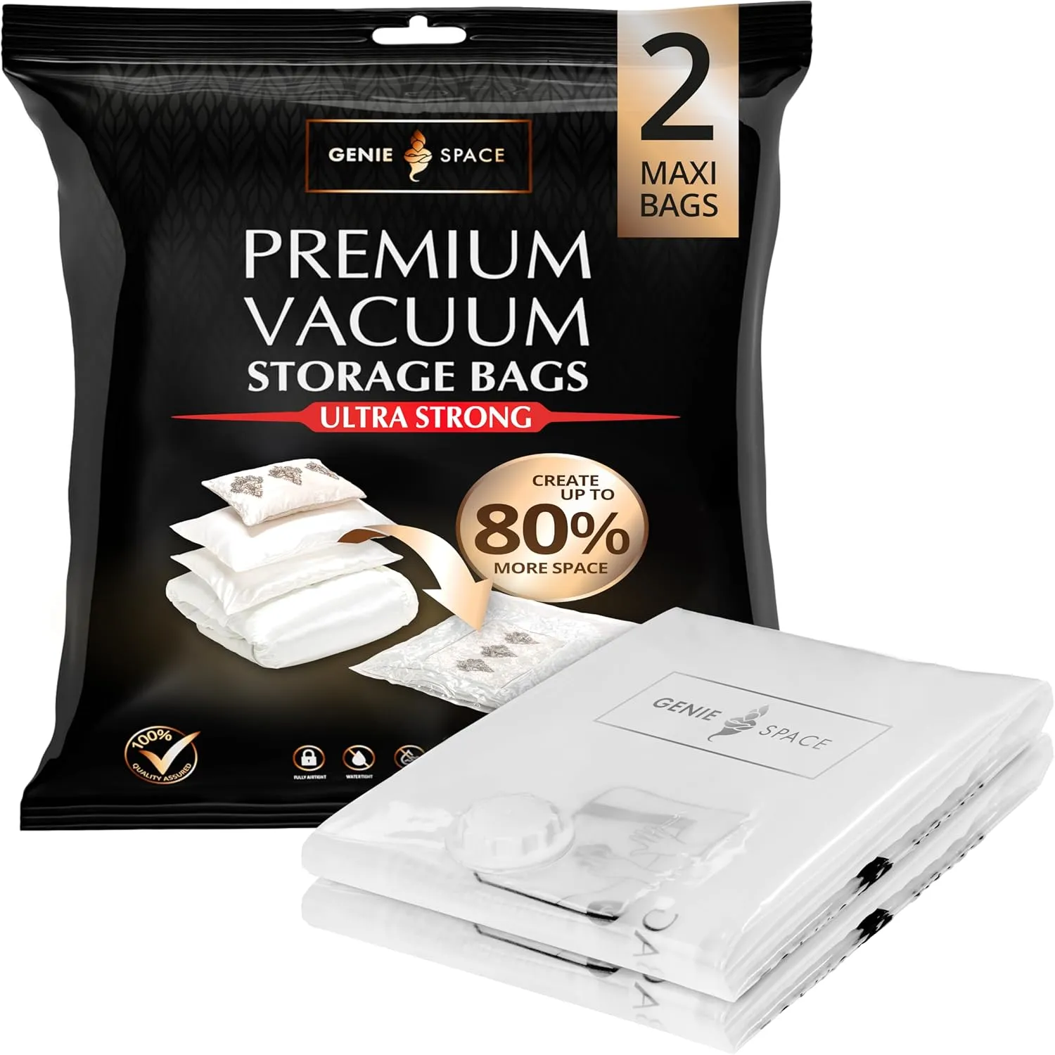 GENIE SPACE Max Vacuum Bags - Pack of 2, Max Size | Strong XXL Jumbo Space Saving Storage Bag, 43x35in | Premium Airtight & Reusable Vacuum Bag for Duvets, Curtains, Clothes, Coats, Jumpers & Pillows