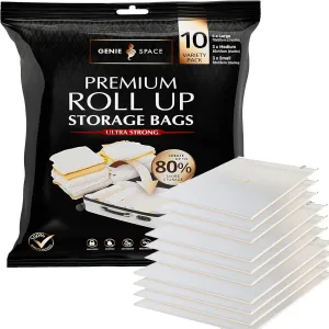 GENIE SPACE Roll Storage Bags - Variety Pack of 10 | 4 Large, 3 Medium & 3 Small | No Pump or Vacuum Strong & Premium Roll-Up Bags | 80% More Home Wardrobe Space & Perfect for Travel Suitcase Packing
