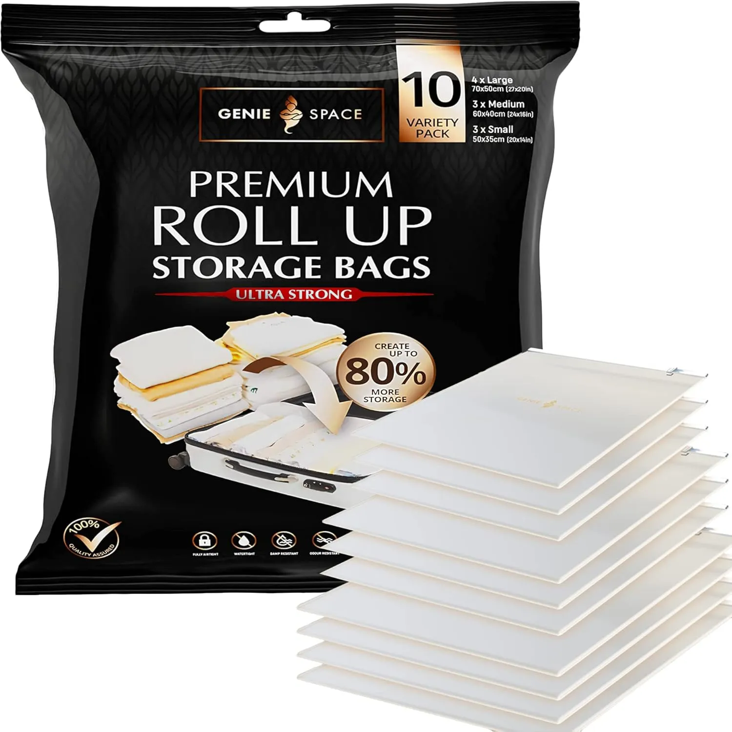 GENIE SPACE Roll Storage Bags - Variety Pack of 10 | 4 Large, 3 Medium & 3 Small | No Pump or Vacuum Strong & Premium Roll-Up Bags | 80% More Home Wardrobe Space & Perfect for Travel Suitcase Packing