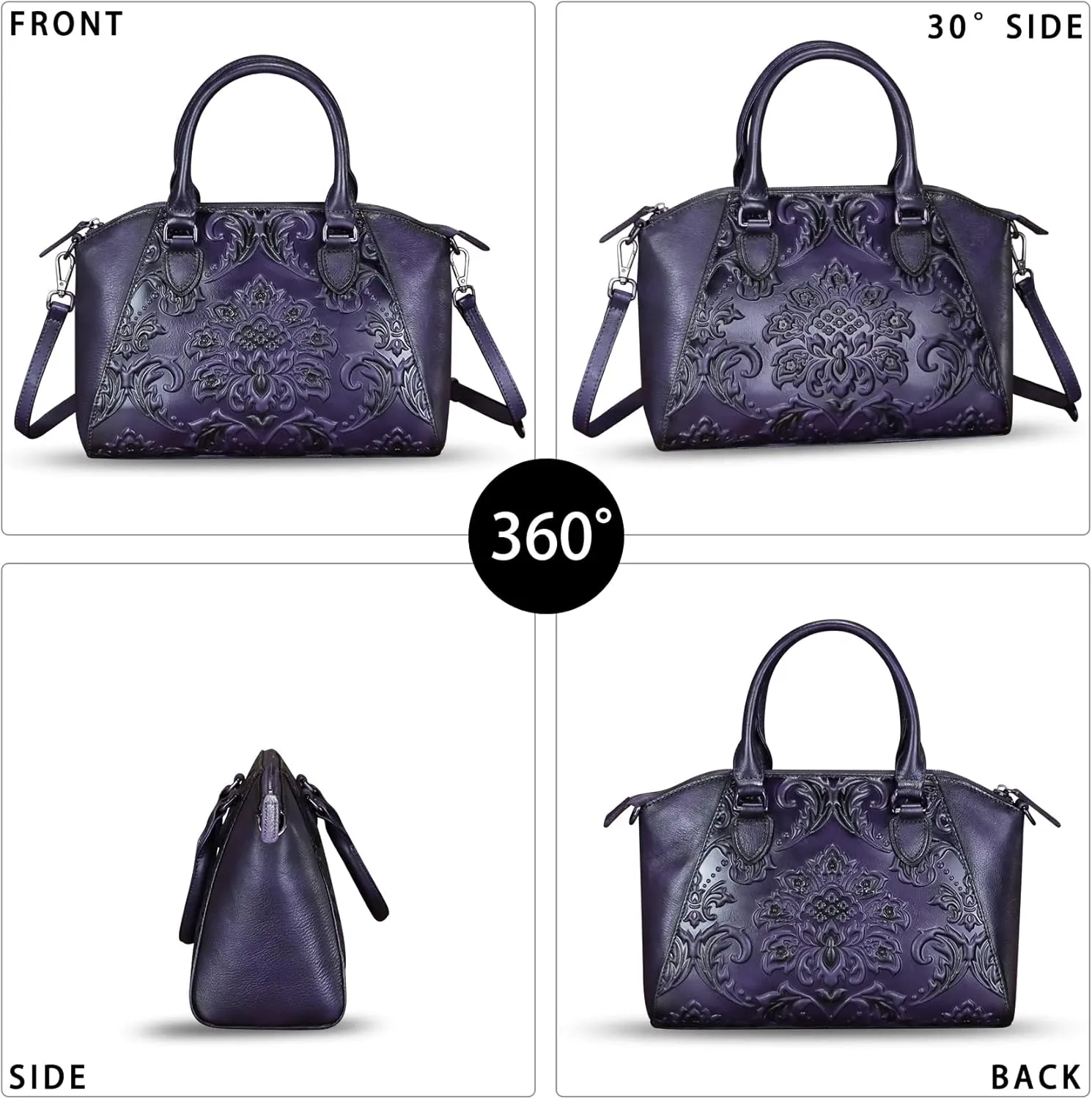 Genuine Leather Purses and Handbags for Women Vintage Embossed Leather Satchel Bags Crossbody Shoulder Bag Strap