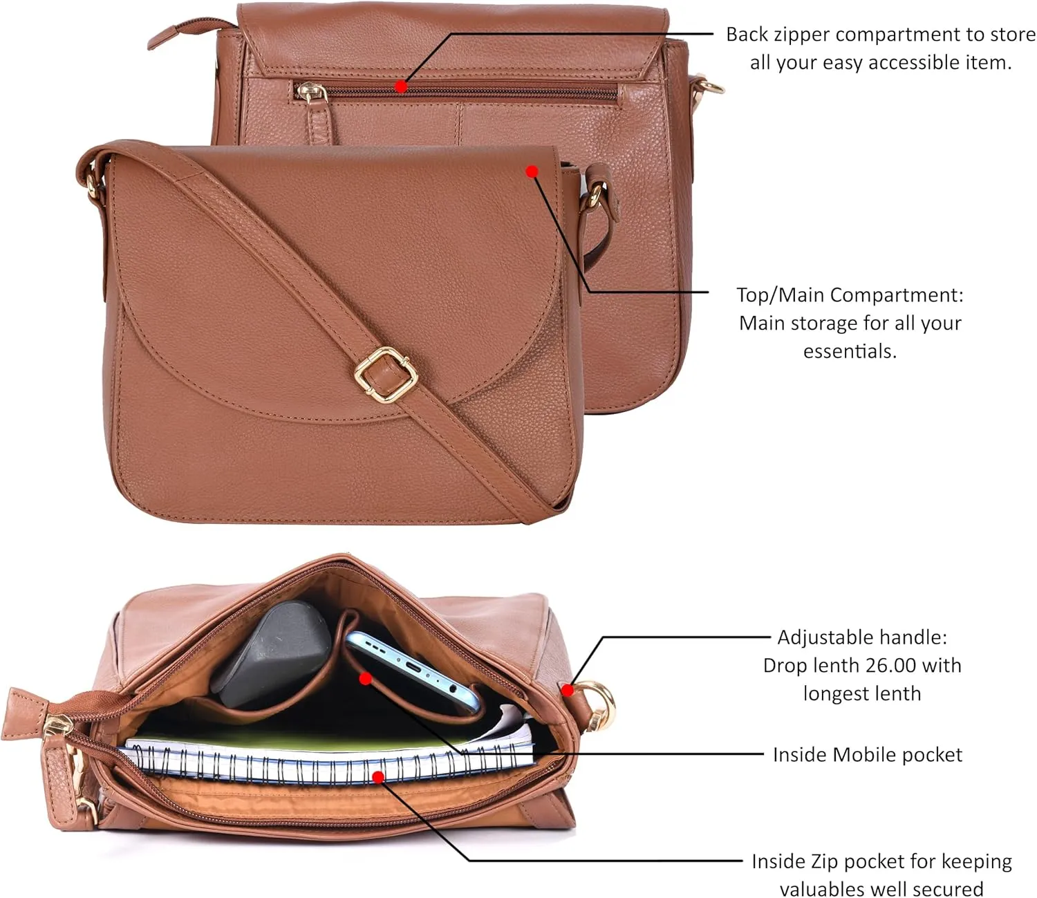 Genuine Leather Shoulder Crossbody Purse For Women with Adjustable Strap, Mobile Pocket & Outside & Inside Zipper
