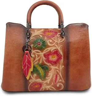 Genuine Leather Vintage Bag for Women: Cowhide Leather Crossbody Purse - Flower Embossed Handbag