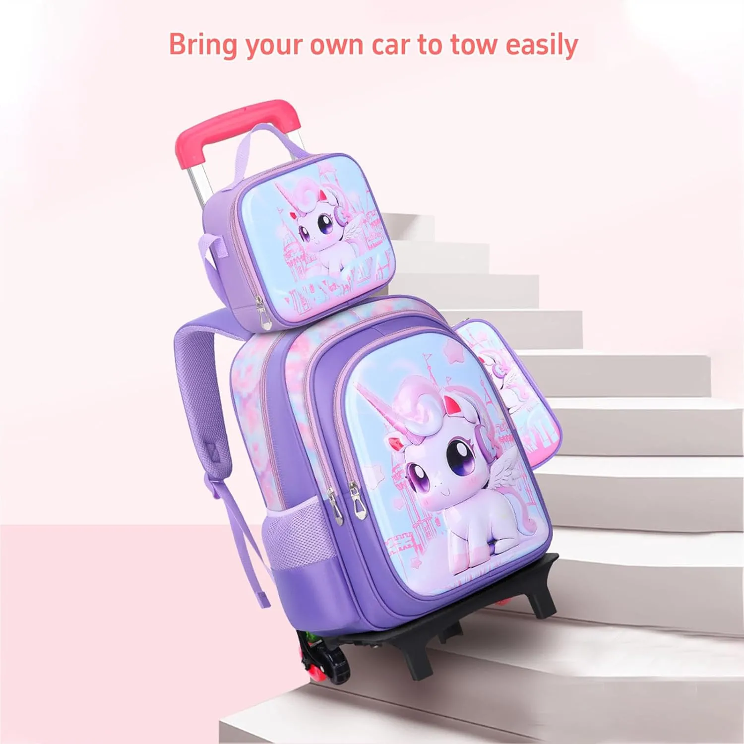 GLOOMALL Cute Rolling Backpack Three-piece Set with Lunch Bag School Girls Boys, Lightweight Trolley Travel Bag with 6 Wheels Classic Roller Luggage (Blue astronaut)