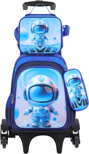 GLOOMALL Cute Rolling Backpack Three-piece Set with Lunch Bag School Girls Boys, Lightweight Trolley Travel Bag with 6 Wheels Classic Roller Luggage (Blue astronaut)