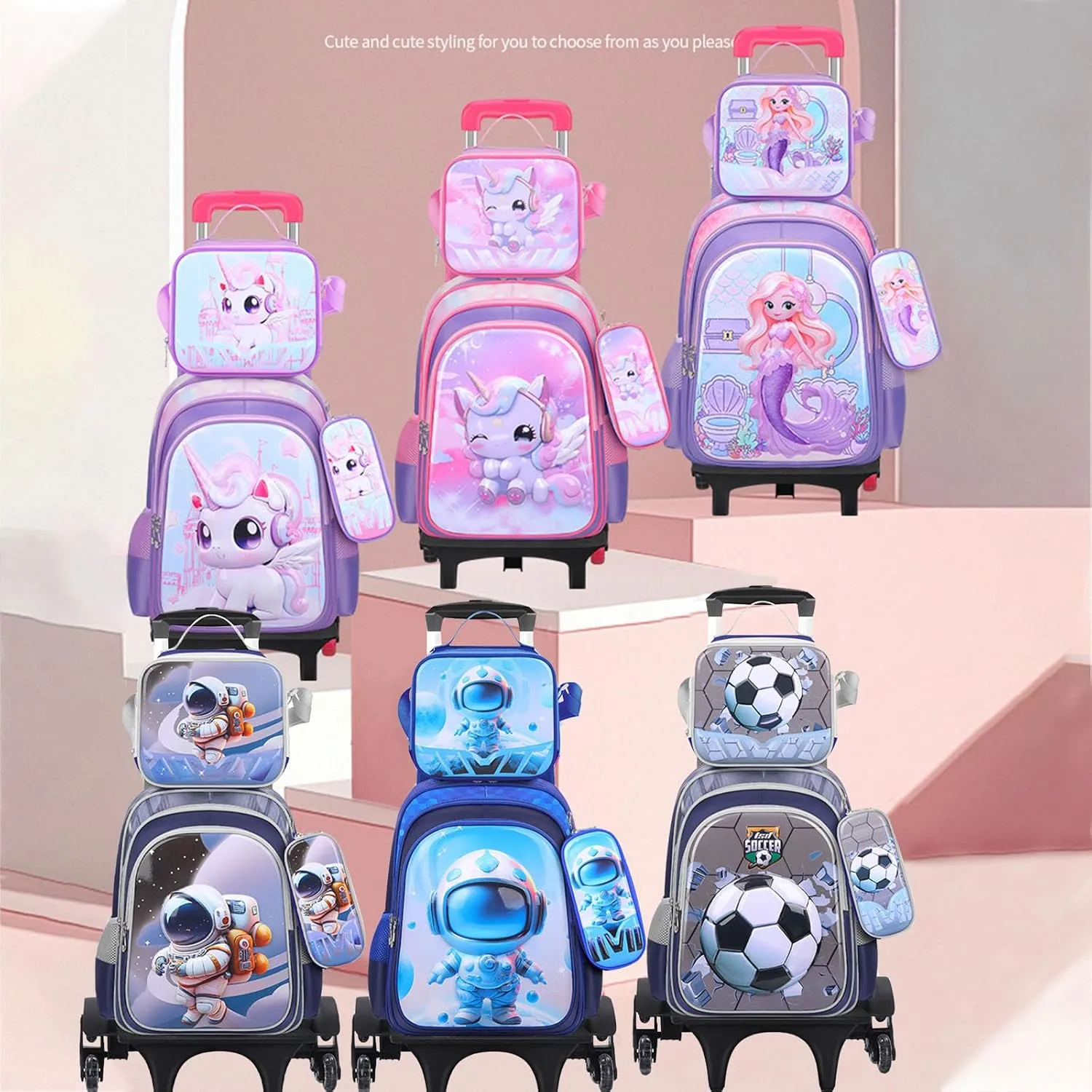 GLOOMALL Cute Rolling Backpack Three-piece Set with Lunch Bag School Girls Boys, Lightweight Trolley Travel Bag with 6 Wheels Classic Roller Luggage (Blue astronaut)