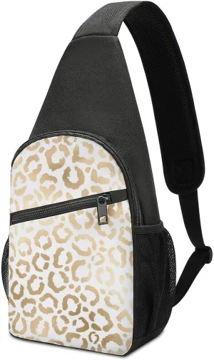 Gold White Leopard Cheetah Animal Print Chest Bag with Mesh Pockets on Both Sides And Main Bag Design