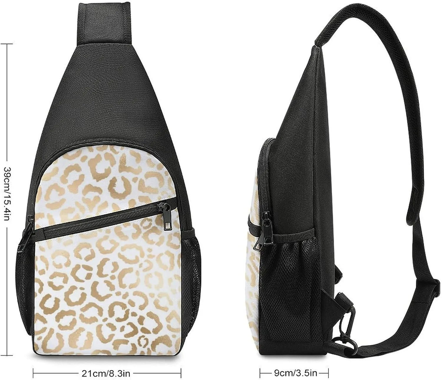 Gold White Leopard Cheetah Animal Print Chest Bag with Mesh Pockets on Both Sides And Main Bag Design