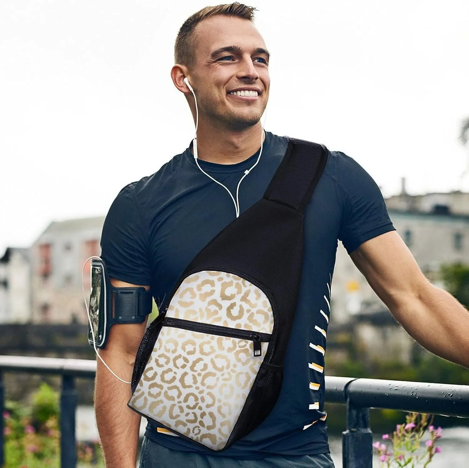 Gold White Leopard Cheetah Animal Print Chest Bag with Mesh Pockets on Both Sides And Main Bag Design