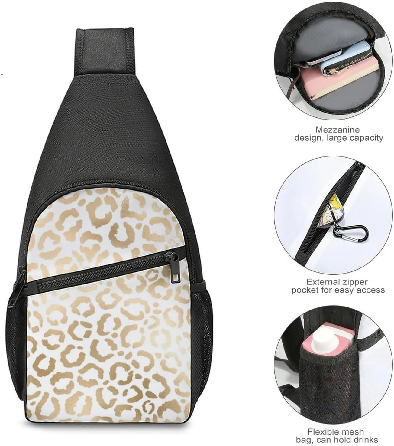 Gold White Leopard Cheetah Animal Print Chest Bag with Mesh Pockets on Both Sides And Main Bag Design
