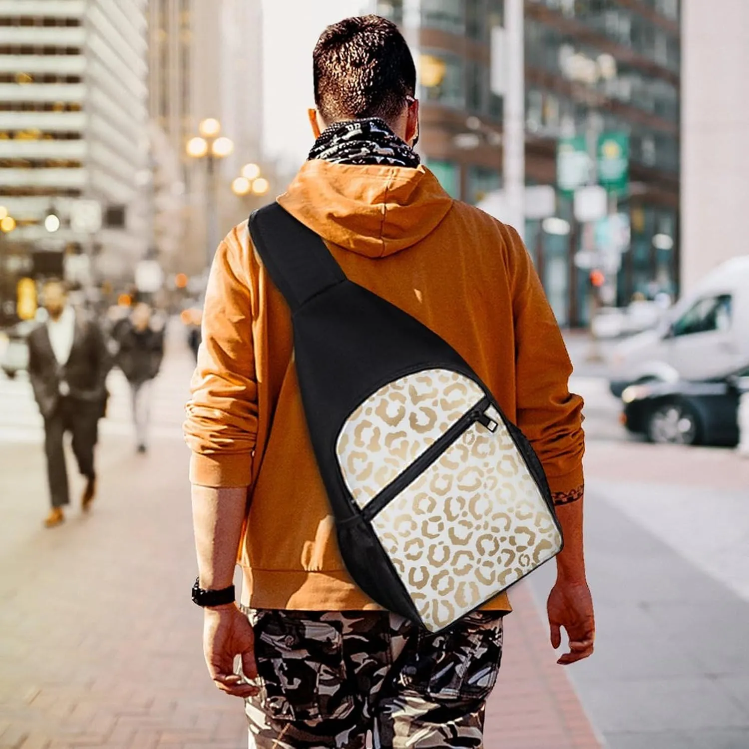 Gold White Leopard Cheetah Animal Print Chest Bag with Mesh Pockets on Both Sides And Main Bag Design