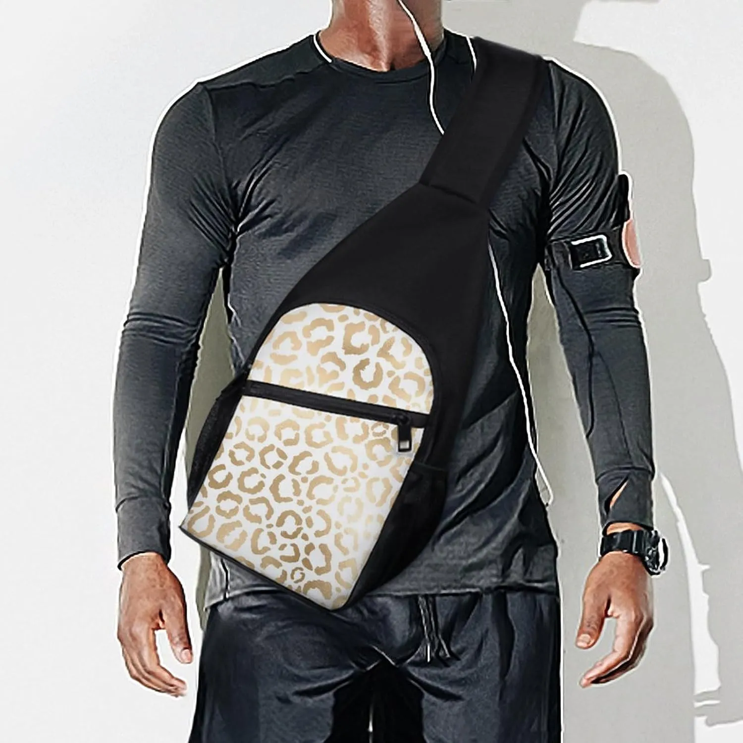 Gold White Leopard Cheetah Animal Print Chest Bag with Mesh Pockets on Both Sides And Main Bag Design