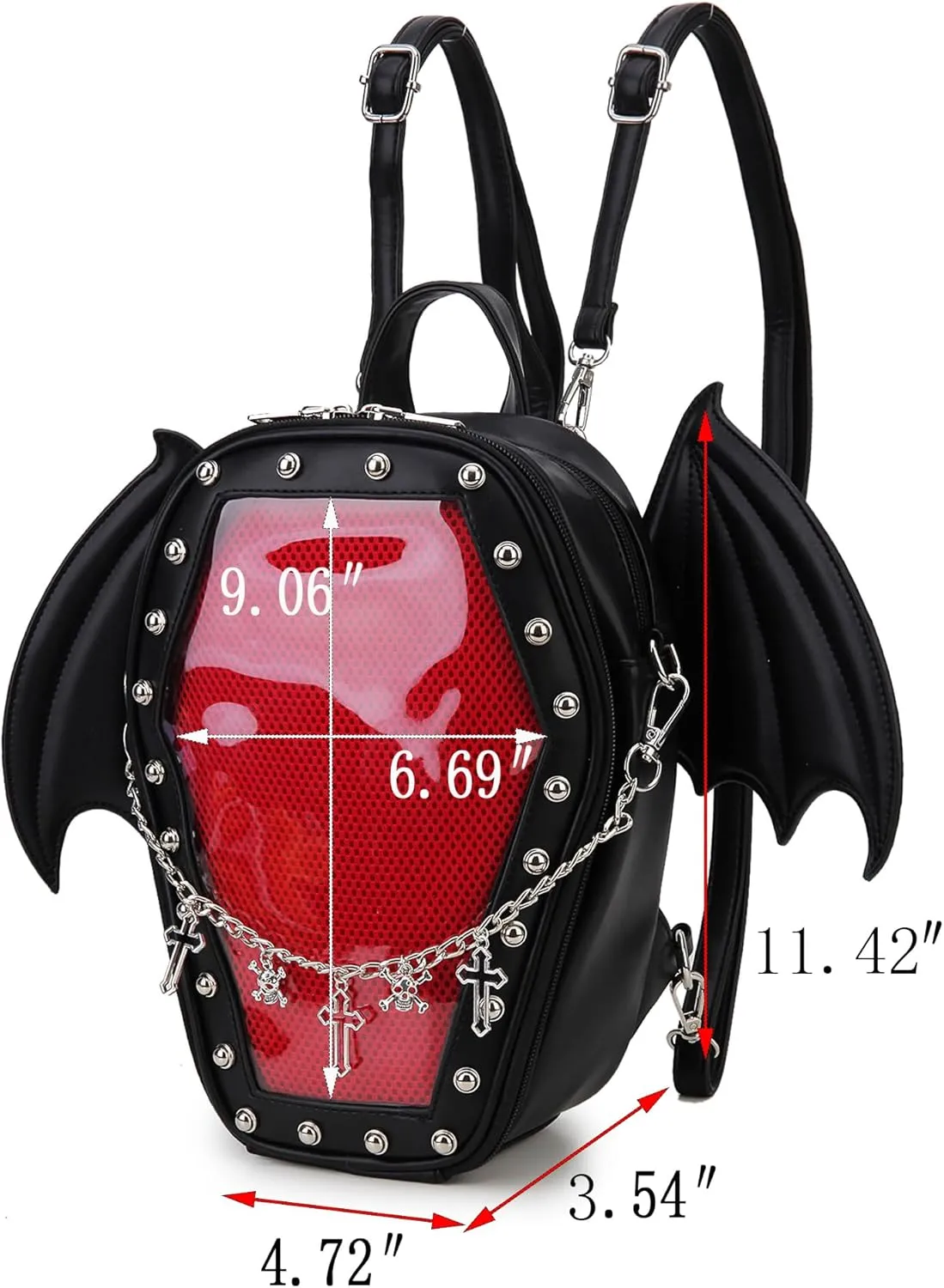 Goth Coffin Backpack with Detachable Bat Wing Halloween Coffin Ita Punk Shoulder Bag for Enamel Pins Display（Skull Chain,Black）