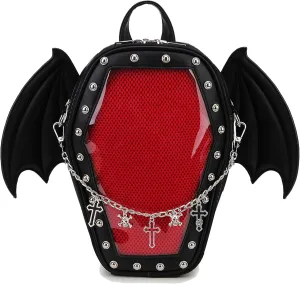 Goth Coffin Backpack with Detachable Bat Wing Halloween Coffin Ita Punk Shoulder Bag for Enamel Pins Display（Skull Chain,Black）