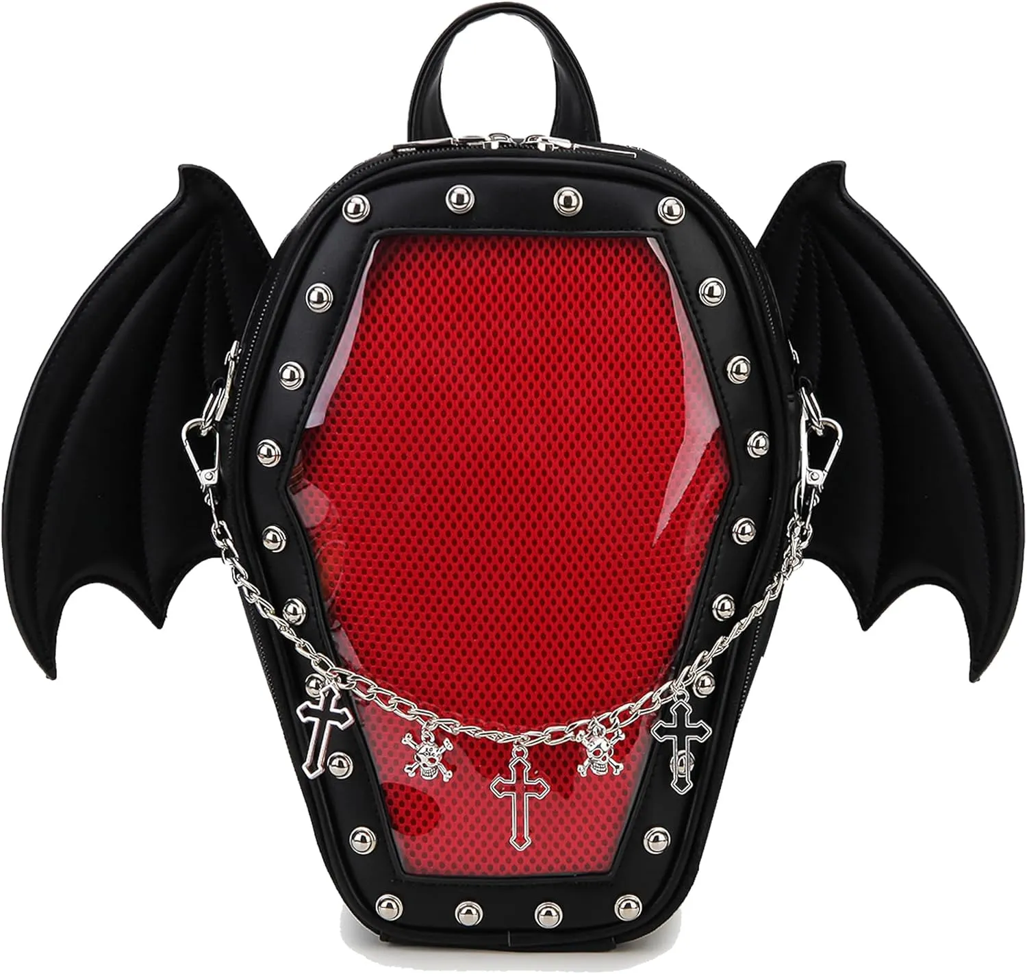 Goth Coffin Backpack with Detachable Bat Wing Halloween Coffin Ita Punk Shoulder Bag for Enamel Pins Display（Skull Chain,Black）