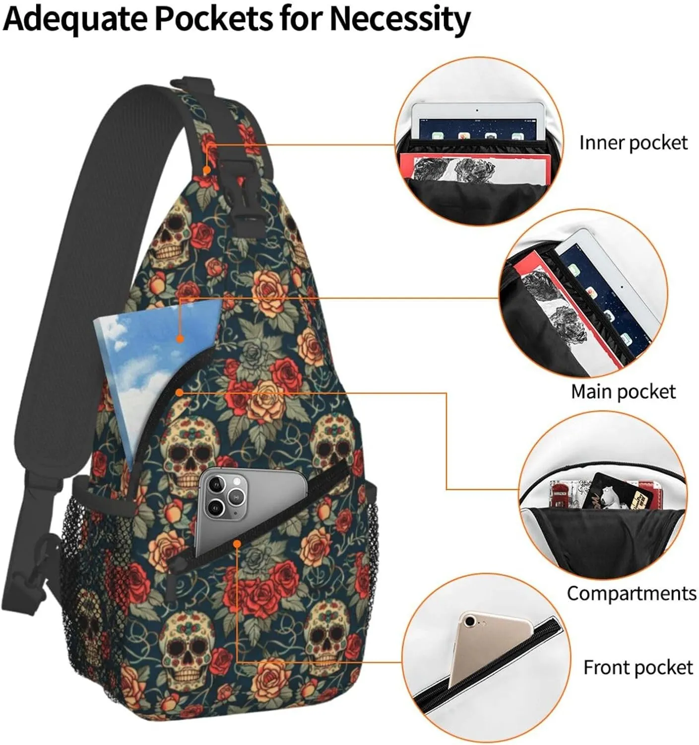 Gothic Rose Skull-1 Sling Backpack Hiking Backpack Crossbody Bag Sports Lightweight And Durable Chest Bag Shoulder Bag For Women Men