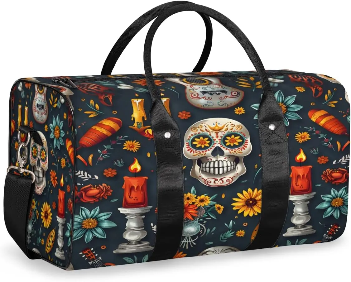 Gothic Skull Travel Duffle Bag, Sports Gym Bags for Women Men, Carry On Weekender Overnight Bag, Floral Workout Hospital Airplane Trips Bag