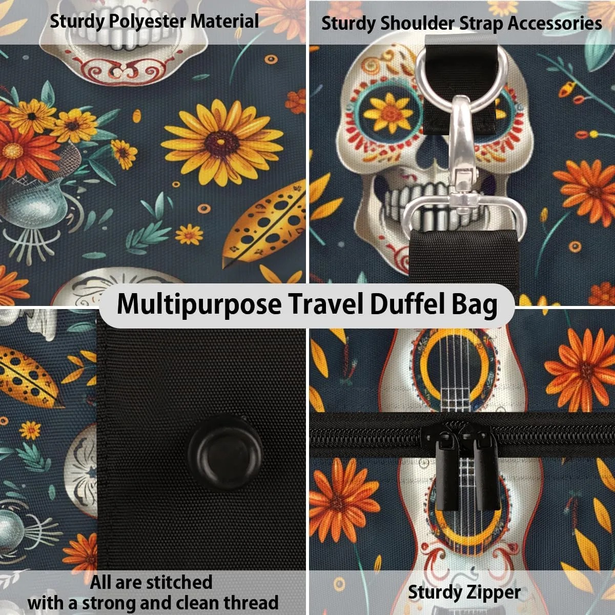 Gothic Skull Travel Duffle Bag, Sports Gym Bags for Women Men, Carry On Weekender Overnight Bag, Floral Workout Hospital Airplane Trips Bag