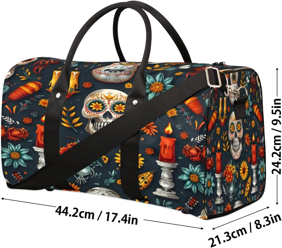 Gothic Skull Travel Duffle Bag, Sports Gym Bags for Women Men, Carry On Weekender Overnight Bag, Floral Workout Hospital Airplane Trips Bag