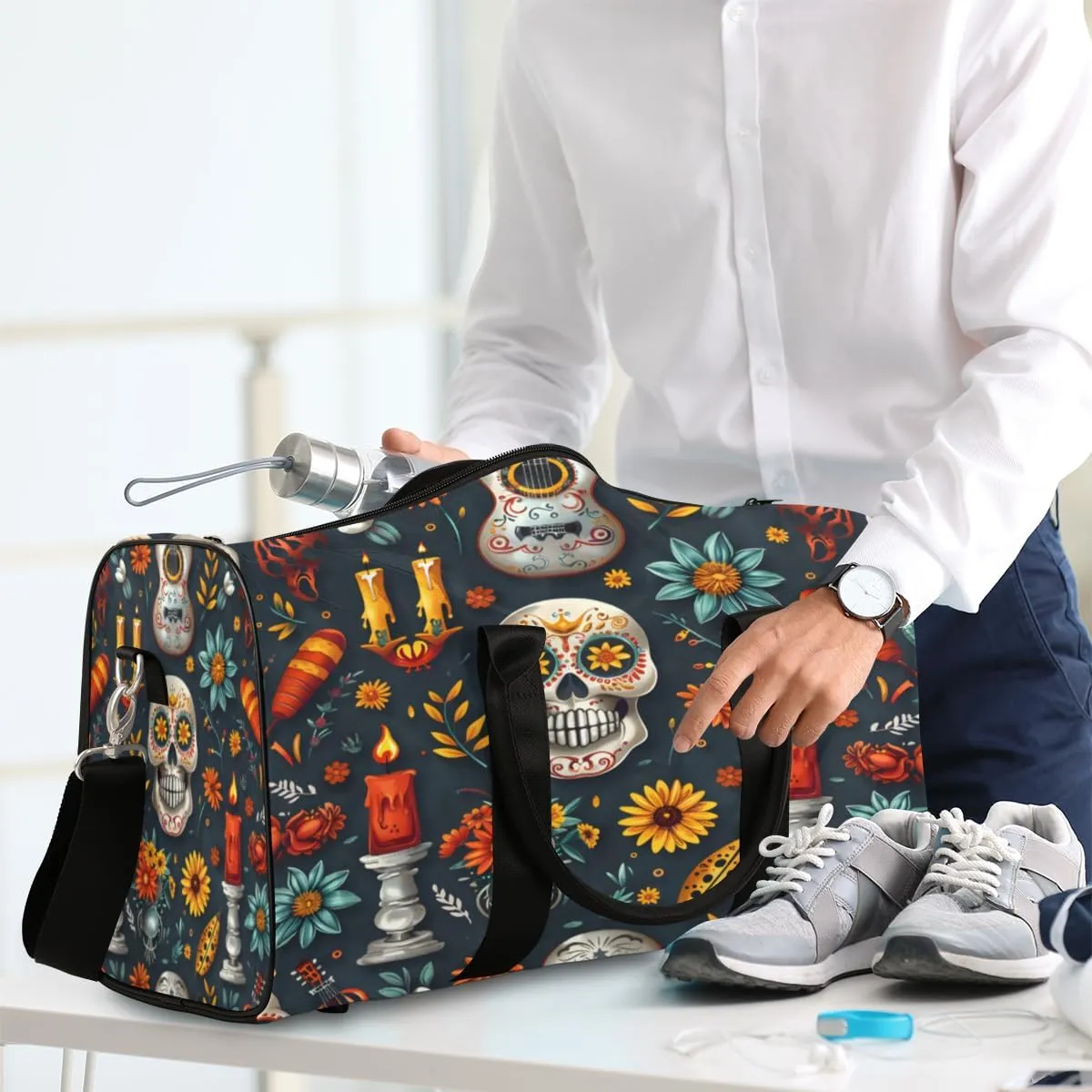 Gothic Skull Travel Duffle Bag, Sports Gym Bags for Women Men, Carry On Weekender Overnight Bag, Floral Workout Hospital Airplane Trips Bag