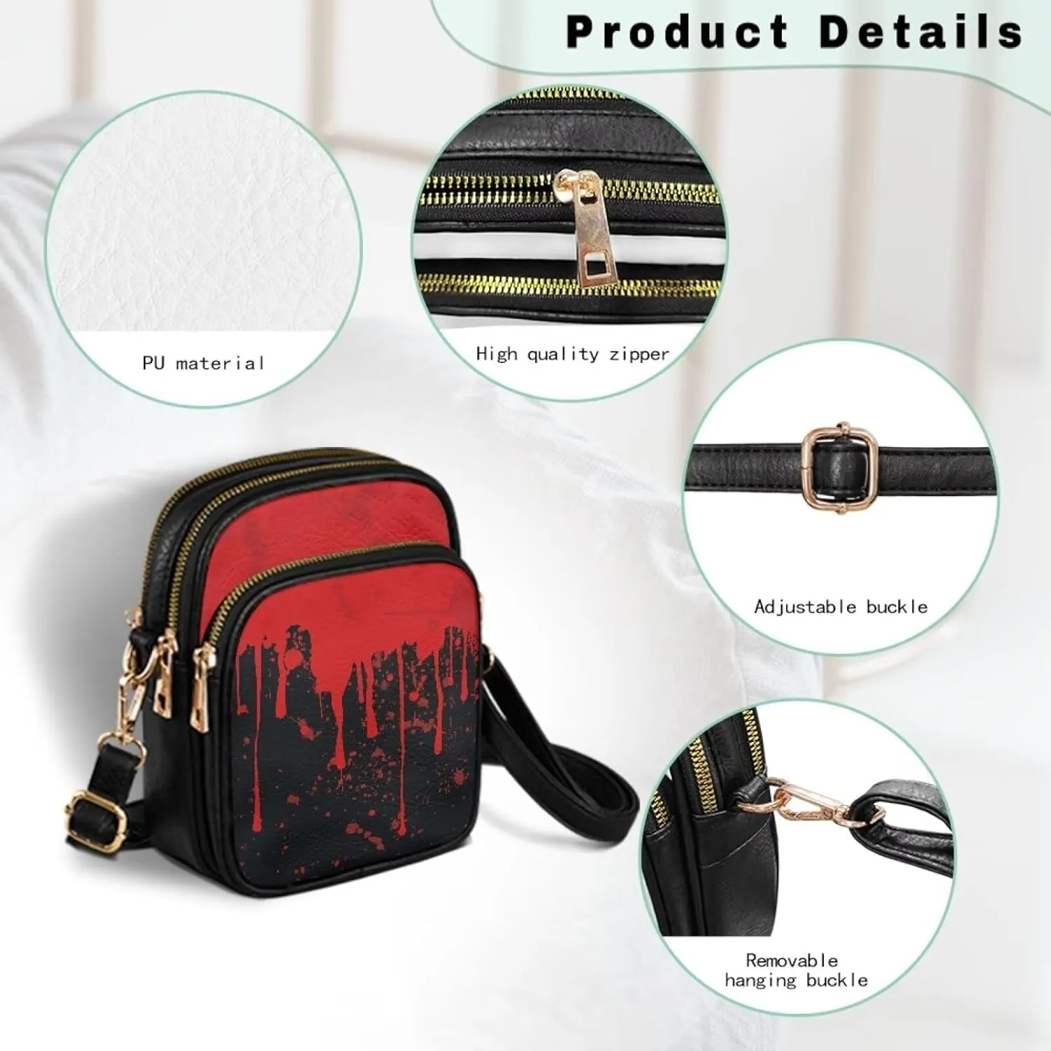 Gothic Small Crossbody Bags PU Leather Handbags for Women, Travel Wallet Zipper Phone Pouch with Adjustable Strap