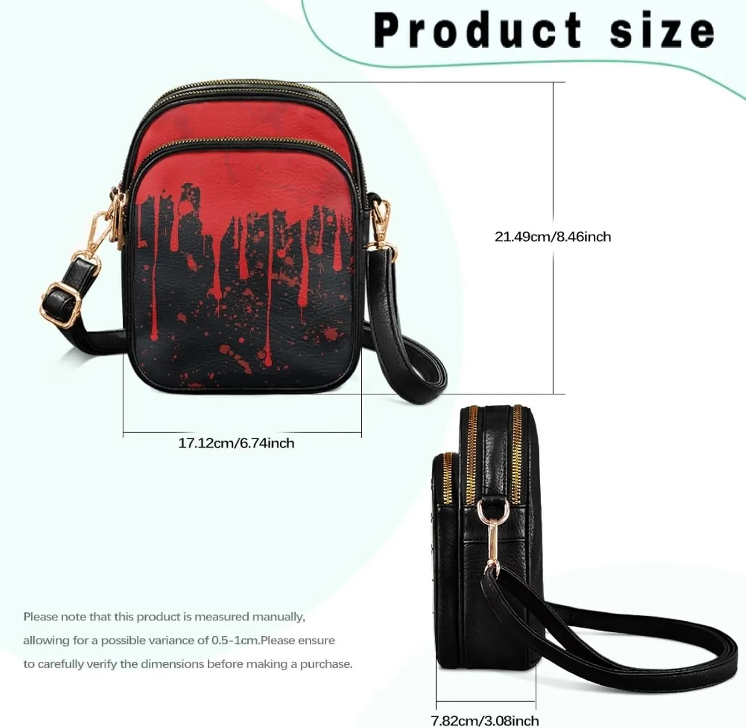 Gothic Small Crossbody Bags PU Leather Handbags for Women, Travel Wallet Zipper Phone Pouch with Adjustable Strap