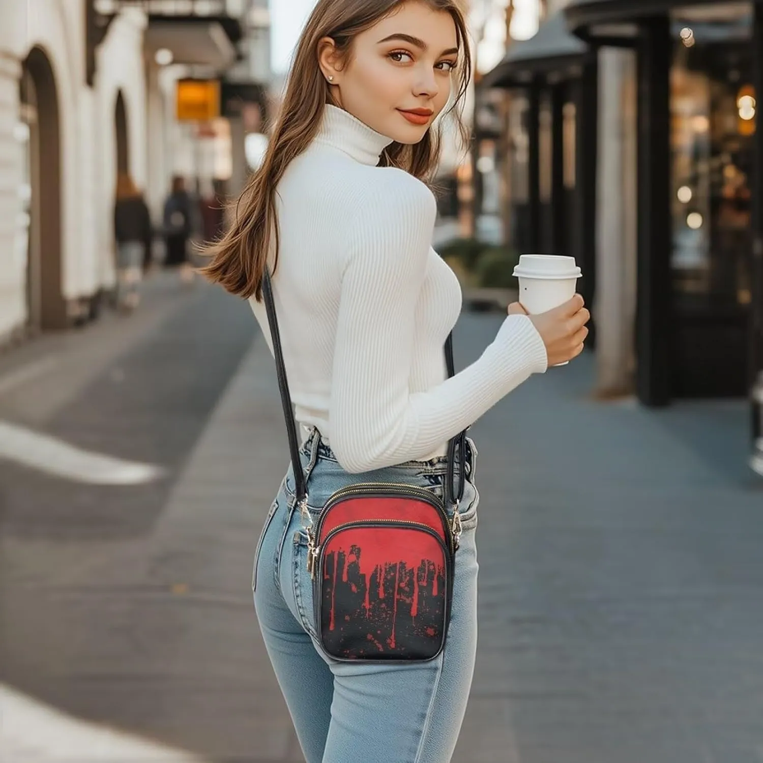 Gothic Small Crossbody Bags PU Leather Handbags for Women, Travel Wallet Zipper Phone Pouch with Adjustable Strap