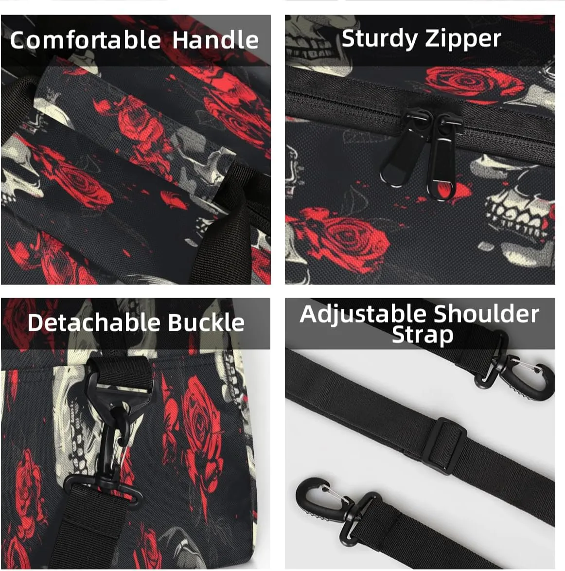 Gothic Sugar Skull Mini Gym Bag 18 inch for Women Men Waterproof Custom Skull Travel Duffel Bag Carry On Overnight Tote Nurse Bag for Work Fitness Hiking