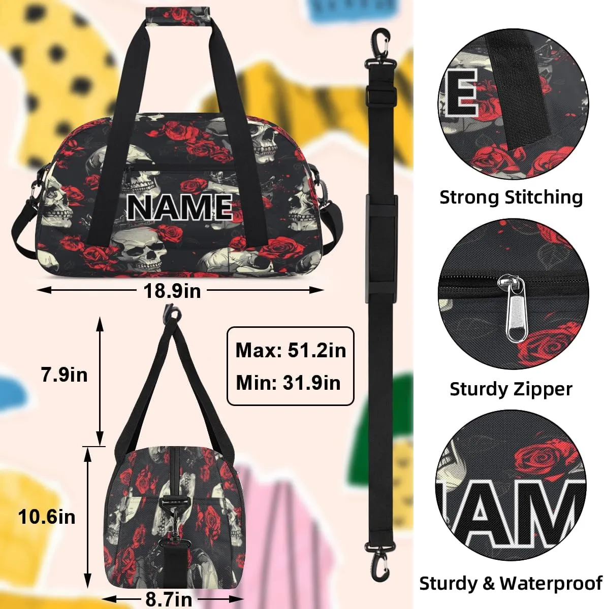 Gothic Sugar Skull Mini Gym Bag 18 inch for Women Men Waterproof Custom Skull Travel Duffel Bag Carry On Overnight Tote Nurse Bag for Work Fitness Hiking